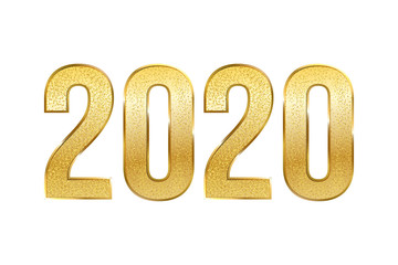 Golden 2020 number realistic vector illustration. Elegant new year symbol with gold glitter isolated on white background. Winter holiday banner, christmas greeting card decorative design element