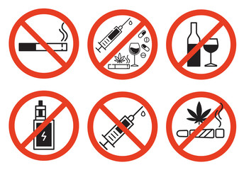 Sign forbidden drugs in red crossed out circle on white background. No smoking, no drugs, no vaping and no alcohol. Isolated vector illustration.