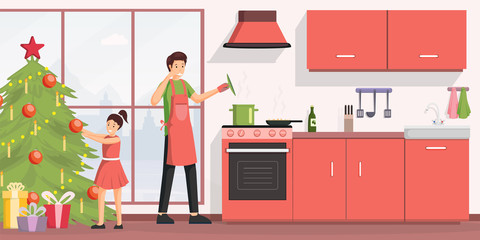 Christmas dinner cooking flat vector illustration. Young man in apron and cheerful little girl cartoon characters. Father trying soup, happy daughter decorating xmas tree, family preparing for holiday