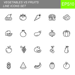 Thin line vegetables and fruit icons set on white background. Vector illustration eps10.