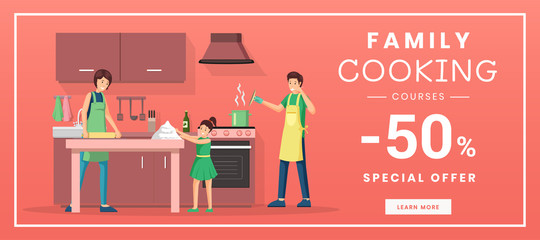 Family cooking courses web banner template. Culinary training classes for parents with children internet promo poster. Special offer, 50 percent discount advertisement with flat illustration
