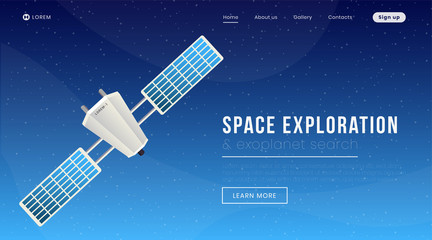 Obraz na płótnie Canvas Space exploration landing page vector template. Modern science, cosmology website homepage interface idea with flat illustration. Exoplanet search expedition web banner, webpage cartoon concept