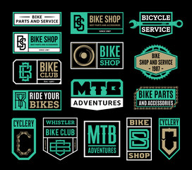 Set of vector bike shop, bicycle service, mountain biking clubs and adventures badges and icons isolated on a black background
