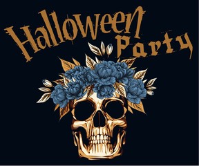 Metal Skull with  floral Golden Roses wreath, Vector illustration of Day of the Dead Dia De Muertos in Spanish Language for celebration concept poster banner design. skull, creative design illustratio