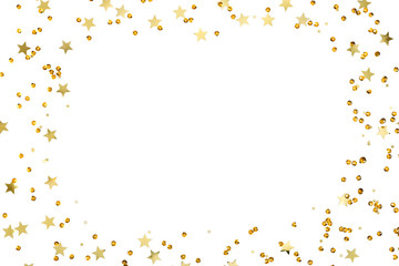 Christmas modern composition. Golden decorations, confetti on white background. Flat lay, top view, copy space