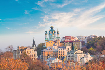 Beautiful view of St. Andrew's Church and St. Andrew's Descent in Kyiv, Ukraine