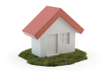 House concept - simple model with red roof on grass, 3D illustration