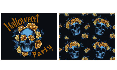 Fototapeta na wymiar Metal Skull with floral Golden Roses wreath, Vector illustration of Day of the Dead Dia De Muertos in Spanish Language for celebration concept poster banner design, textile pattern
