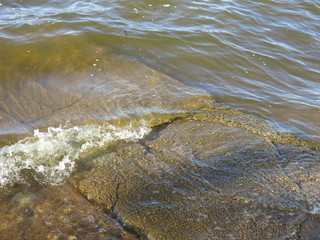 the shore of the lake clear water green surf
