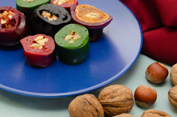Middle East sweets. Dried fruit pulp and nut dessert. Cut layers pastila. Healthy lifestyle. Healthy sweets. Churchkhella.