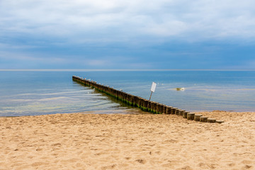Fototapeta premium Breakwaters at sea during a calm day. Seagull sitting on breakwaters