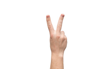Male hand isolated on white background. Sign of victory or peace. The number two.