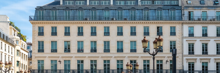 Paris, France, beautiful building, panorama of a typical parisian facade