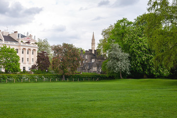 Regency architecture and a 200 year-old neo-gothic church in London, UK.