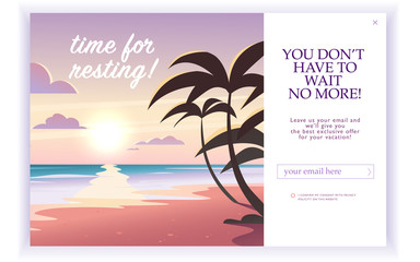 Vector squeeze page design template with beautiful flat ocean landscape illustration and email text box. Special offer season concept. For traveling firm and agency mailing, discount programs etc.