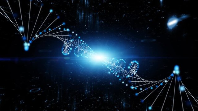 Artistic dna helix cells with binary numbers data animation background.