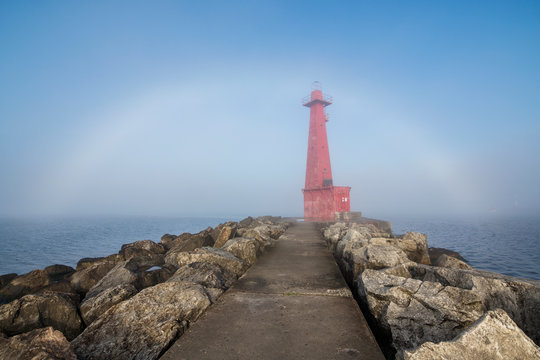fog bow over lighthouse