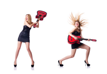 Woman playing guitar isolated on the white