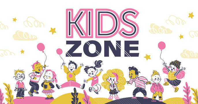 Kids zone background decor banner with happy playful kids in hand drawn style. Boys and girls jumping with air balloons, standing smile. Kindergarden backdrop. Vector illustration. Pink, yellow color.