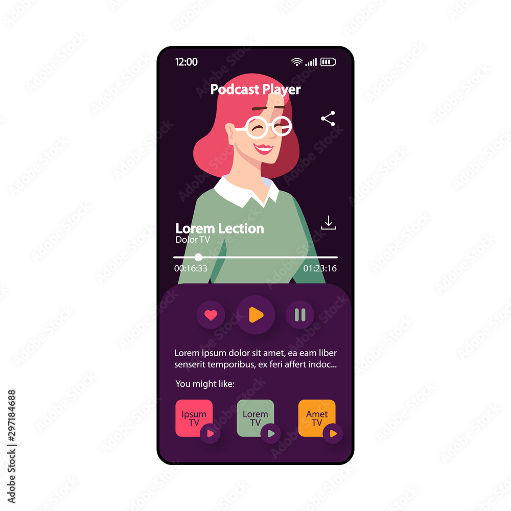 Poster podcast player smartphone interface vector template. mobile app page black and purple design layout.
