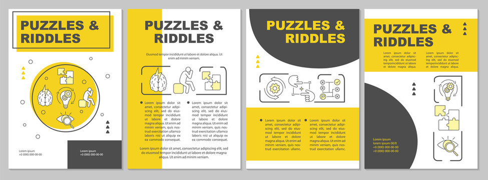 Puzzles and riddles brochure template. Escape room flyer, booklet, leaflet print, cover design with linear illustrations. Vector page layouts for magazines, annual reports, advertising posters