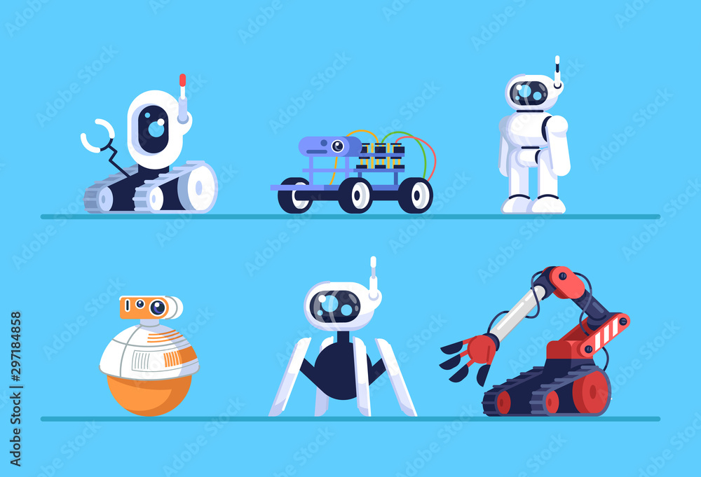 Poster robots flat vector illustrations set. droids on wheels, with legs. smart systems. machine robotic te