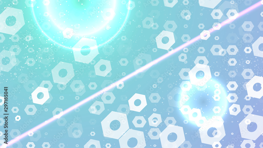 Poster abstract background. abstract hexagon shapes with holes on gradient backdrop. glowing circles. green