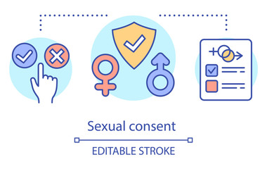 Sexual consent concept icon. Marriage contract. Agreement to engage in sexual activity. Erotic relationship regulation idea thin line illustration. Vector isolated outline drawing. Editable stroke