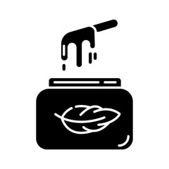 Soft waxing glyph icon. Natural cold wax in jar with spatula. Body hair removal equipment. Tools for depilation. Beauty treatment. Silhouette symbol. Negative space. Vector isolated illustration