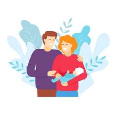 Parents on a walk with their child isolated on the white background. Couple with baby