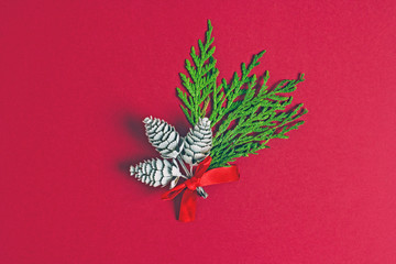 Christmas composition. Green fluffy twigs, natural cones and a red bow in the center of a red background. Copy space, flat lay, winter background, top view, new year holidays
