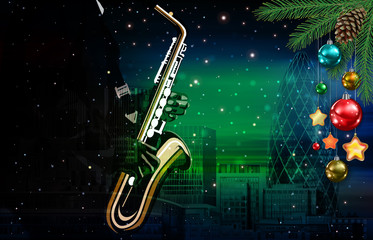 Obraz na płótnie Canvas Christmas green music illustration with saxophone player on cityscape of London background