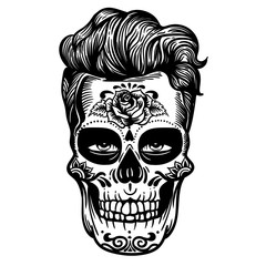 Fototapeta premium Vector hand drawn illustration of Day Of The Dead Skull. Skull hipster sugar flower. Skull tattoo isolated on white.