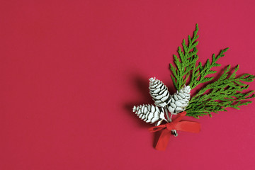 Fototapeta na wymiar Christmas composition. Green fluffy twigs, natural cones and a red bow in the center of a red background. Copy space, flat lay, winter background, top view, new year holidays