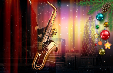 Christmas red music illustration with saxophone player on cityscape of London background