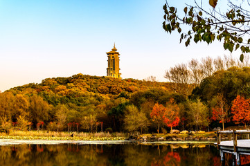 Fototapeta premium Autumn landscape of Jingyuetan National Forest Park, Changchun, China