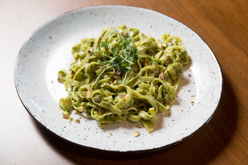Tagliatelle pasta with pistachio and sauce pesto