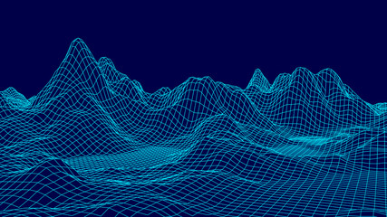 Wireframe landscape background. Wireframe terrain polygon landscape design. 3d landscape