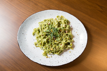 Tagliatelle pasta with pistachio and sauce pesto