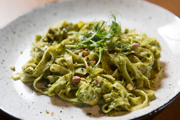 Tagliatelle pasta with pistachio and sauce pesto