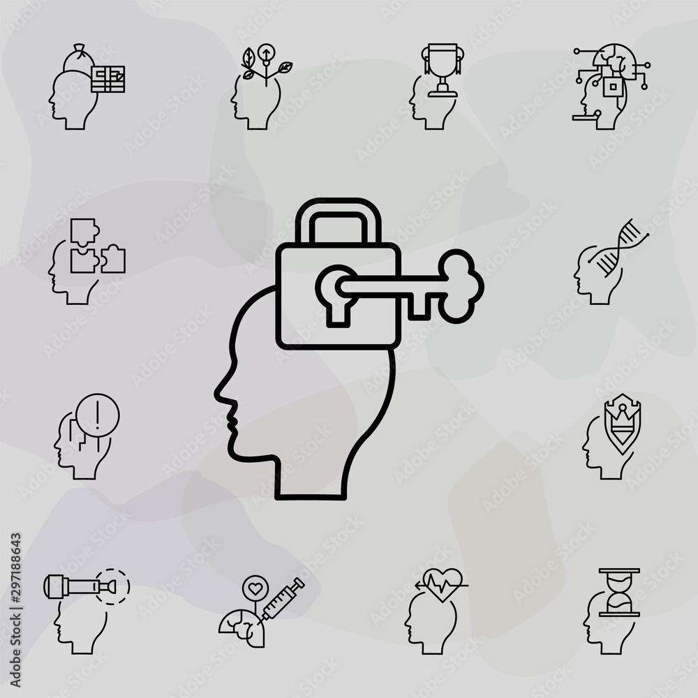 Poster key, lock brain icon. universal set of creative thinking for website design and development, app dev