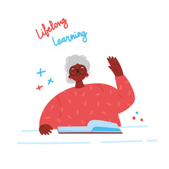 Lifelong learning, senior education.Older woman studying with a book.Ability to learn in each human age.Senior African American woman attending courses.Female student raises her hand to ask questions.