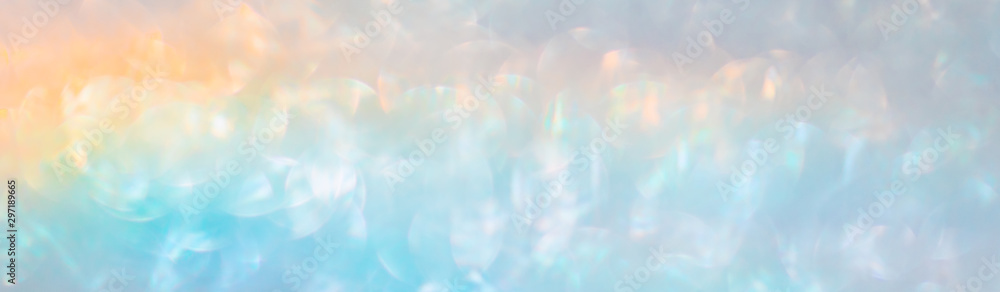 Poster Iridescent holographic rainbow banner. Colorful lens flare bokeh background texture