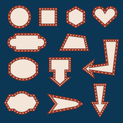 Template of empty signage with vintage lights. Frames with space for text. Marquee lamps around frames of various geometric shapes. Square, round, pentagonal, arrows and more. Set of vector images.