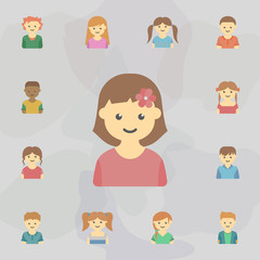 avatar of girl with flower in hair colored icon. Universal set of kids avatars for website design and development, app development