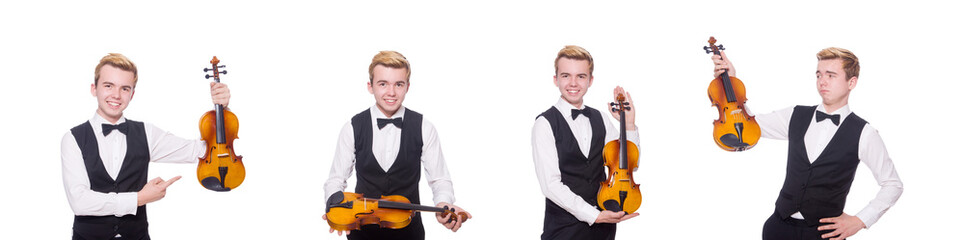 Funny violin player on white