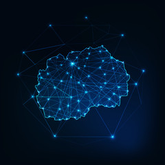 North Macedonia map glowing silhouette made of stars lines dots triangles, low polygonal shapes.