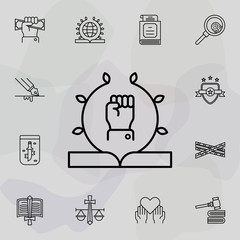 Oath, hand, book icon. Universal set of law and justice for website design and development, app development