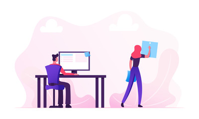 Office Workers Everyday Routine Concept. Man Sitting at Desk Working on Pc, Woman Put Sticky Notes on Timetable Rear View. Businesspeople Planning Work and Events. Cartoon Flat Vector Illustration