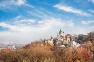 Beautiful view of St. Andrew's Church and St. Andrew's Descent in Kyiv, Ukraine